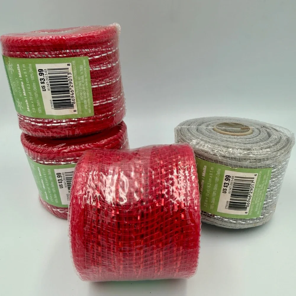 Celebrate It Holiday Mesh Ribbon Red Silver Metallic 2.5in x 10yd 4 Rolls Total
